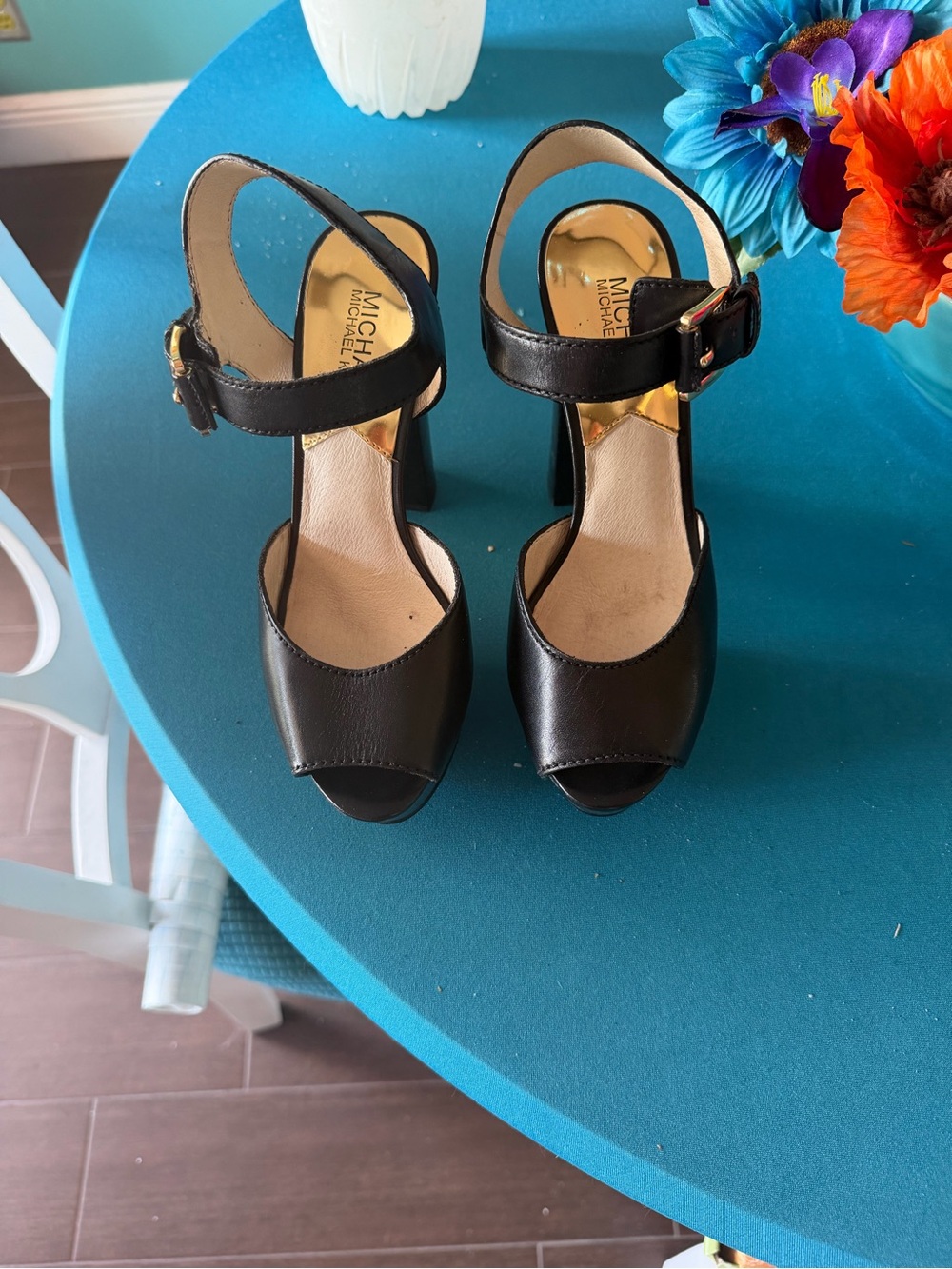 MICHAEL Michael Kors Black Leather London Ankle-Strap Peep-Toe Block Heels